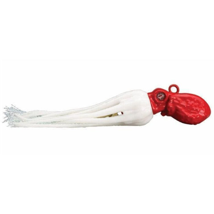 13 Fishing Octopi Jig, 9 oz, Interchangeable Skirt, Rapid Descent, Red Head/Pearl White Skirt - FishAndSave
