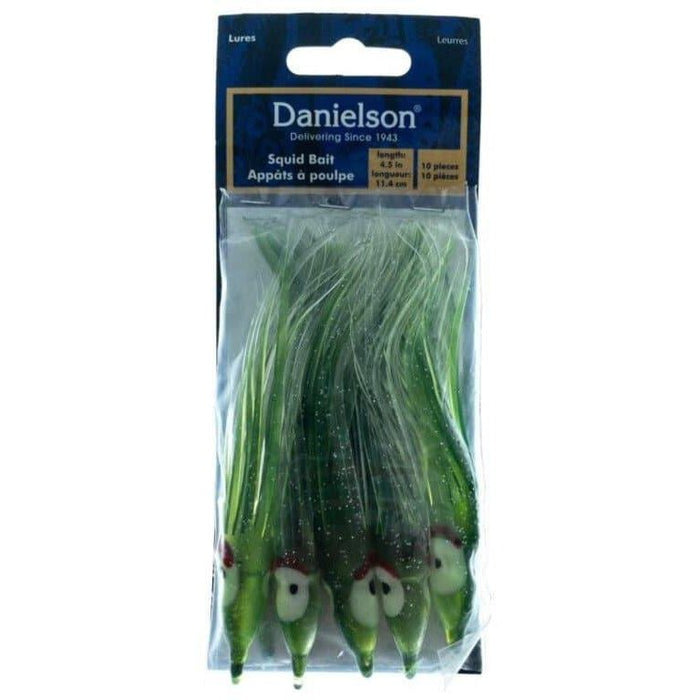 Danielson Squid Bait 4.5" Evergreen Clear/Silver Glow Qty 10 - FishAndSave