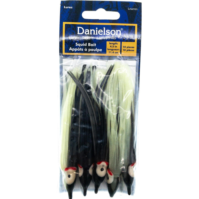 Danielson Squid Bait 4.5" Glow/Black Silver Glitter Qty 10 - FishAndSave