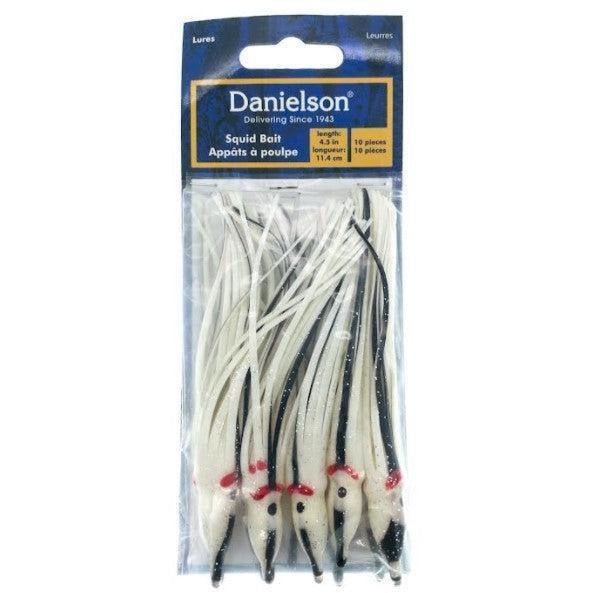 Danielson Squid Bait 4.5" White/Blue Streak/Silver Glitter Qty 10 - FishAndSave