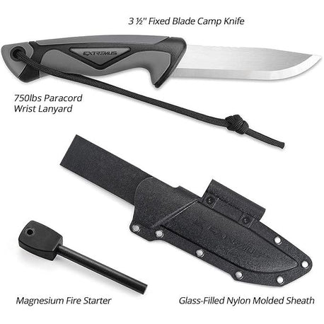 Extremus Stainless Steel Camp Knife W/ Fixed Blade And Firestarter 3.5  Black - FishAndSave
