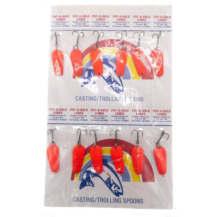 Pot - O - Gold Dan - Dee Casting/Trolling Spoon w Treble Hooks 1 - 1/2" Fluro Red Card of 12 - SpoonsDouble X TackleFreshwaterFishAndSave
